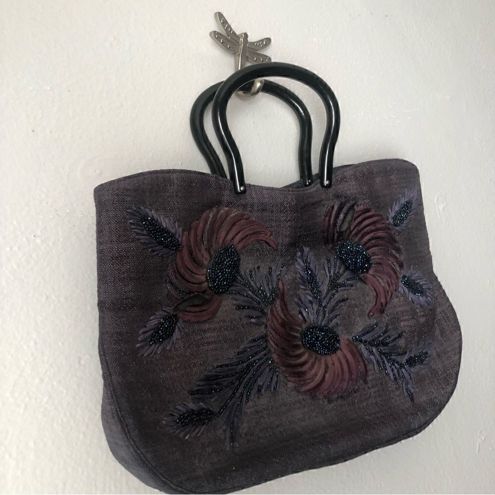 Vintage beaded purple floral feather design vintage handbag - Picture 3 of 11